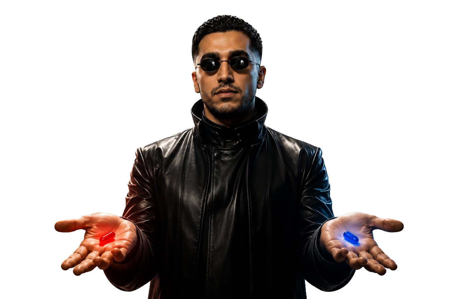 Portrait offering a red pill and a blue pill