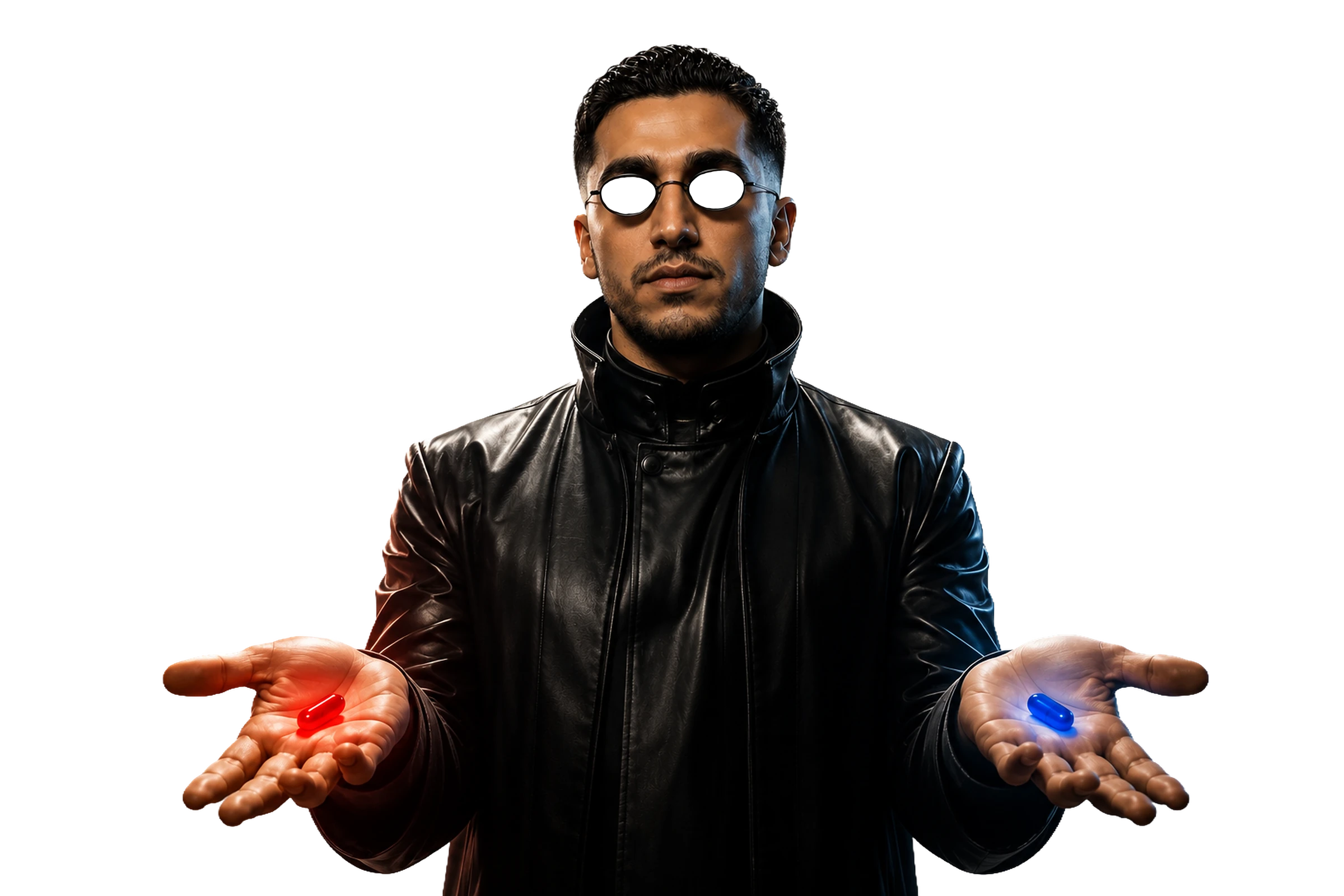 Portrait offering a red pill and a blue pill